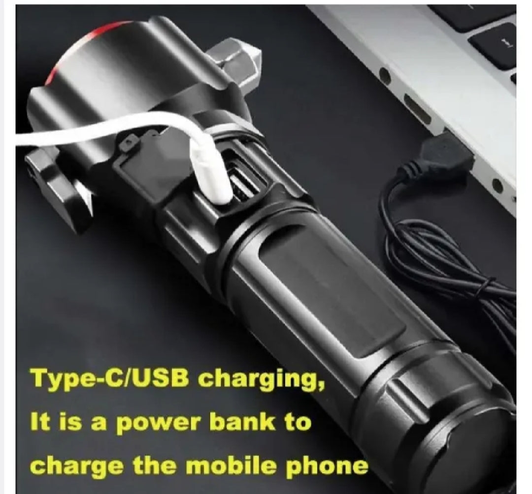 Emergency Flashlight 🔦 Multi-functional 8-in-1 Rechargeable Emergency LED Flashlight & 8800mAh Charging Power Bank - 1KM Long Range Rescue Torch with Safety Hammer