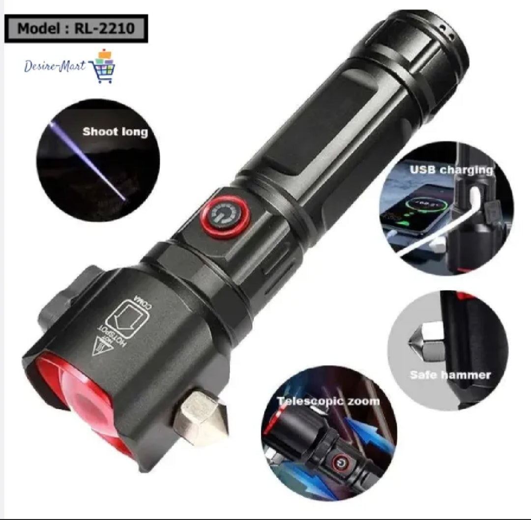 Emergency Flashlight 🔦 Multi-functional 8-in-1 Rechargeable Emergency LED Flashlight & 8800mAh Charging Power Bank - 1KM Long Range Rescue Torch with Safety Hammer